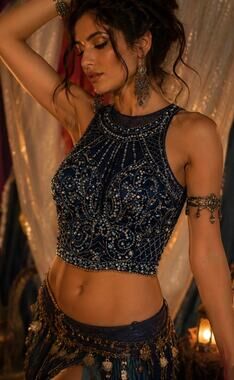 Vintage Juliet Formal beaded rhinestones halter sheer crop Tank belly dancer XS